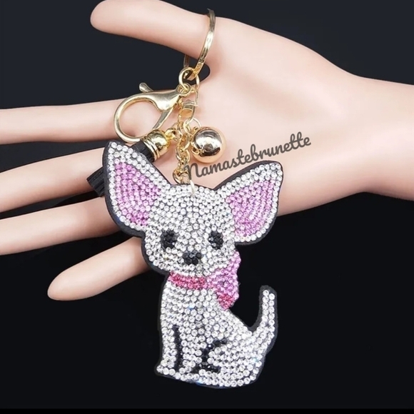 Chihuahua Dog Crystal Rhinestone Keychain Bag Charm With Black Tassel - Picture 10 of 17